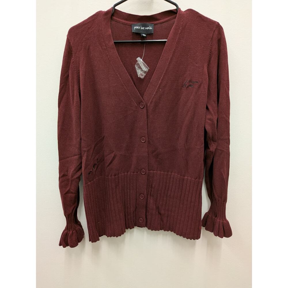Peace Love World Women's Burgundy Button Front Cardigan Long Sleeve Knit